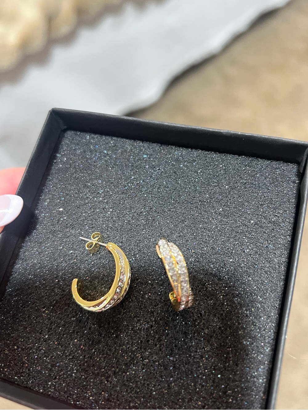 JTV Yellow Gold Hoop Earrings with Pavé Crystals - Women's Jewelry